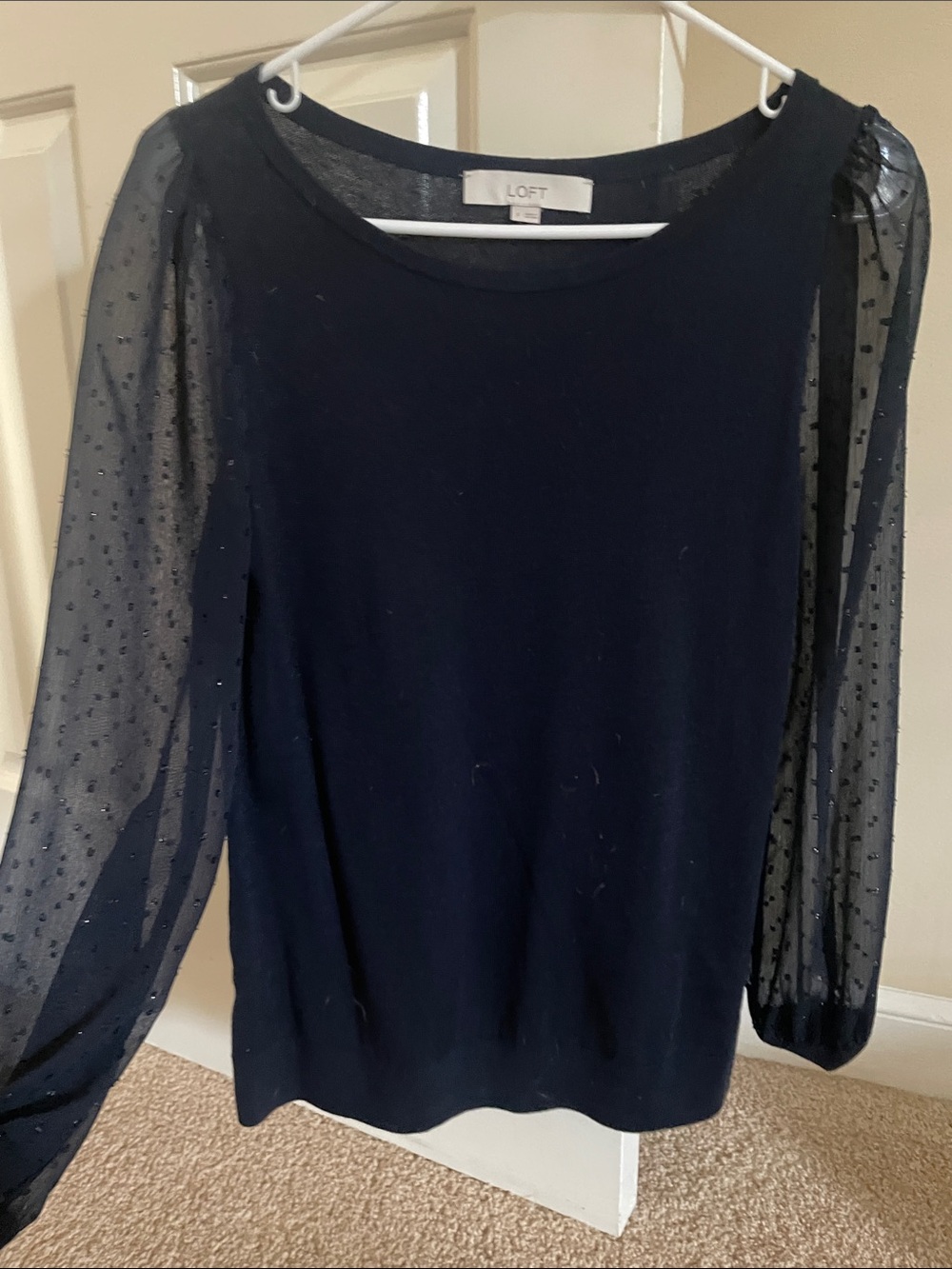 LOFT Navy Sheer Dot Sleeve Crewneck Sweater